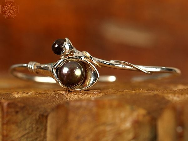 Exotic India Flower Branch White Pearl Open Bracelet | Sterling Silver Bracelet 