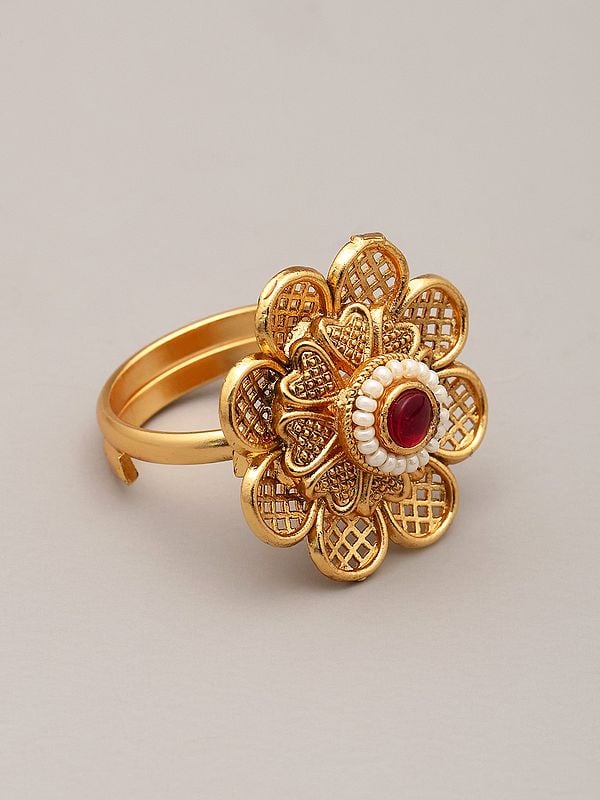 Exotic India Flower Design Adjustable Ring With Beads And Stone 