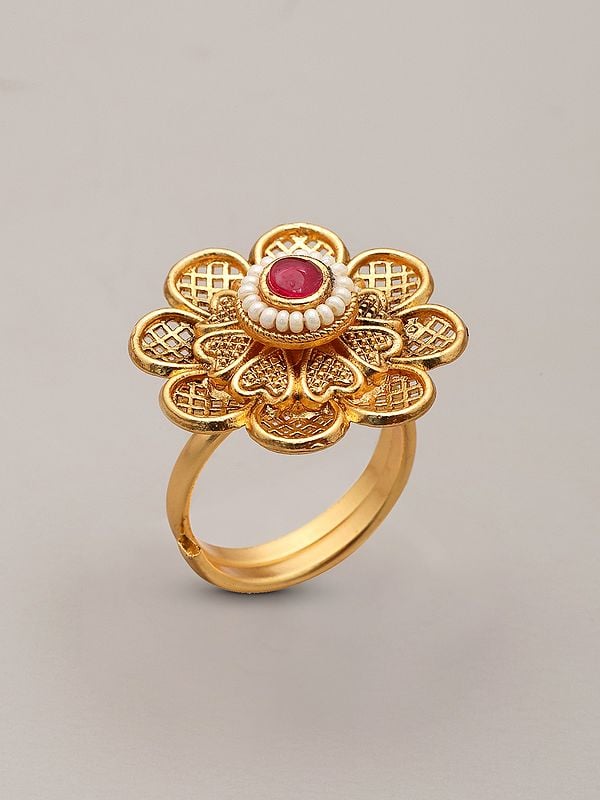 Exotic India Flower Design Adjustable Ring With Beads And Stone 