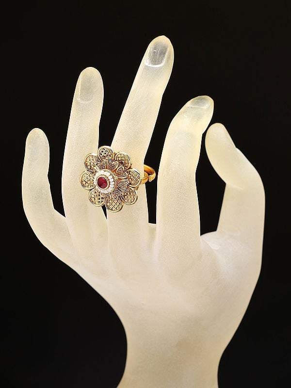 Exotic India Flower Design Adjustable Ring With Beads And Stone 