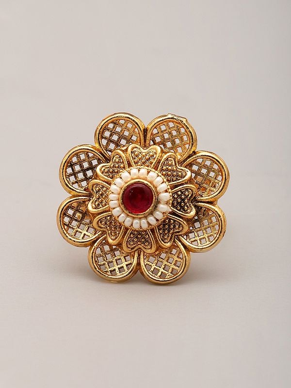 exotic india Flower Design Adjustable Ring with Beads and Stone 