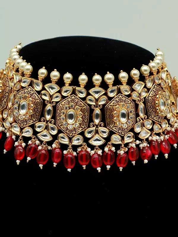 Exotic India Flower Design Choker Set With Kundan Stone And Beads 
