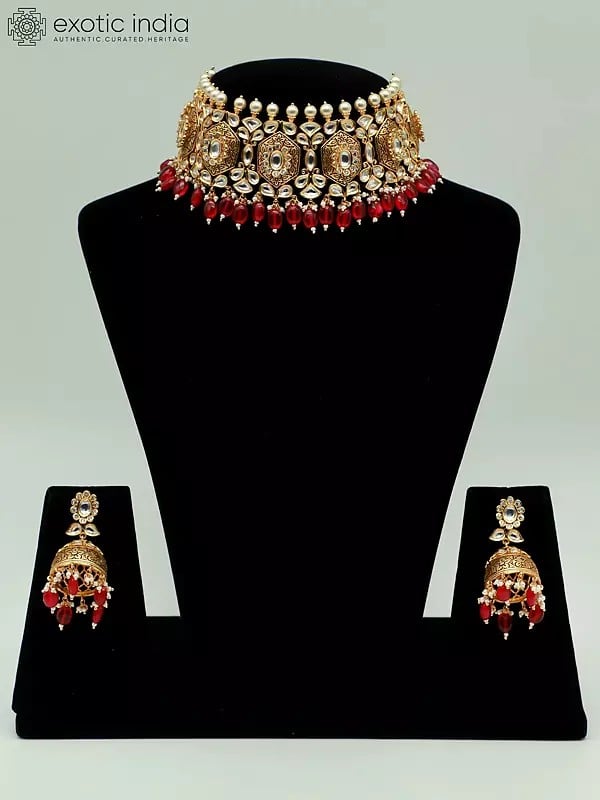 exotic india Flower Design Choker Set With Kundan Stone And Beads