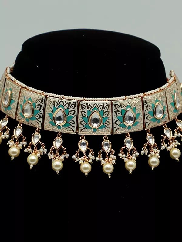 Exotic India Flower Design Meenakari Choker Set With Drop Beads For Women 