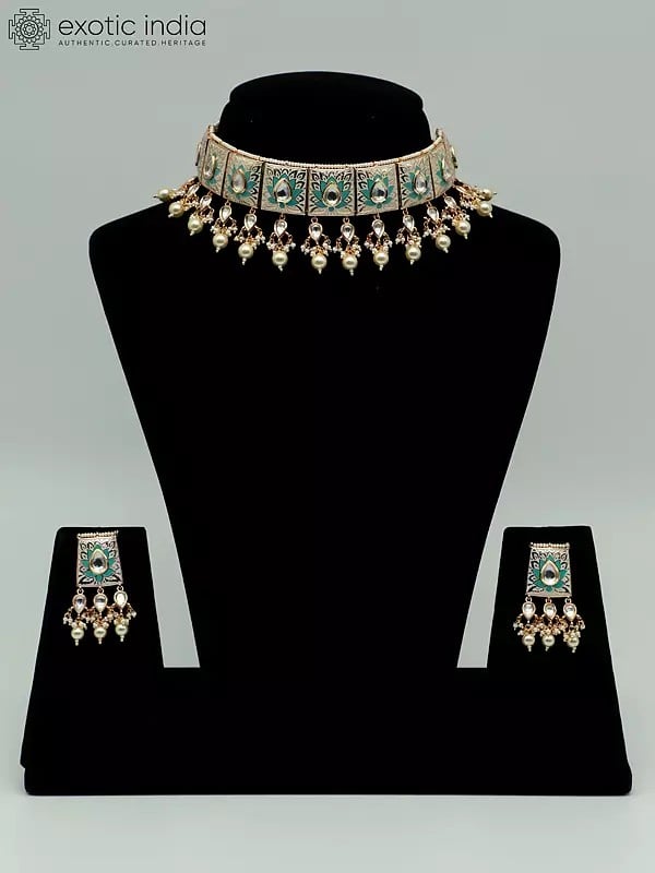 exotic india Flower Design Meenakari Choker Set With Drop Beads For Women