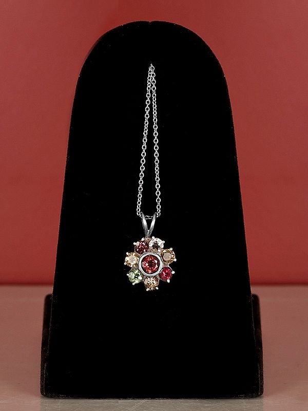 exotic india Flower Design Sterling Silver Pendant with Multiple Gemstone