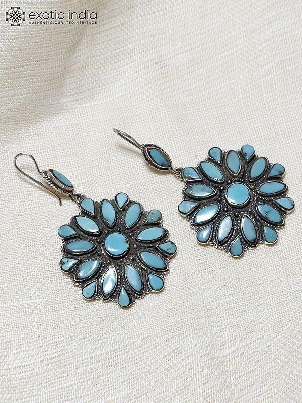 Exotic India Flower Design Tibetan Turquoise Earrings | Sterling Silver Jewelry