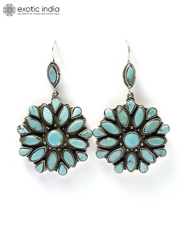 exotic india Flower Design Tibetan Turquoise Earrings | Sterling Silver Jewelry 