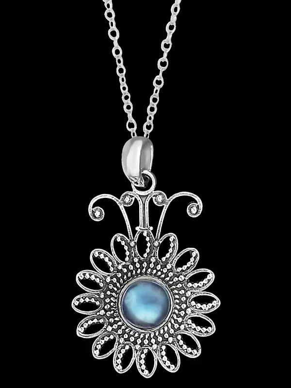 Exotic India Flower Shaped Sterling Silver Pendant With Rainbow Moonstone