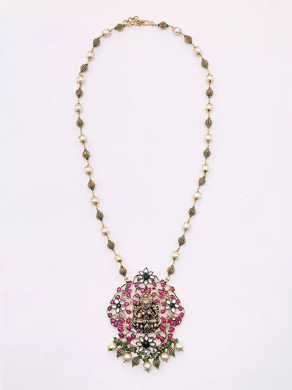 Exotic India Flower Vines Design Goddess Lakshmi Necklace And Earrings Set 