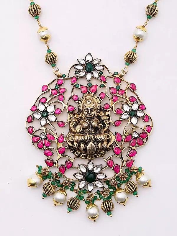 Exotic India Flower Vines Design Goddess Lakshmi Necklace And Earrings Set 