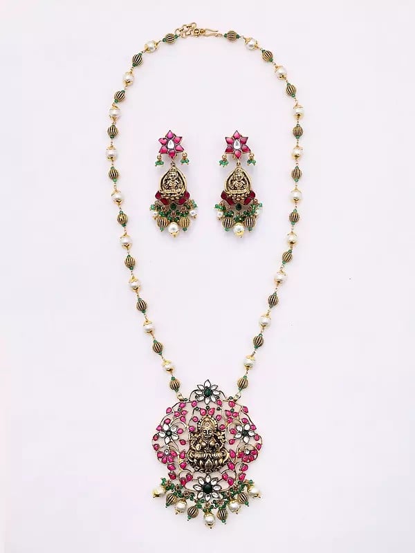 exotic india Flower Vines Design Goddess Lakshmi Necklace and Earrings Set 