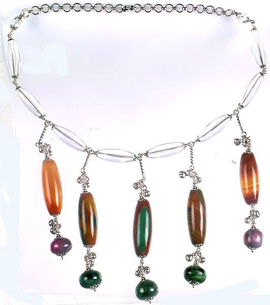 exotic india Fluorite and Ruby Zoisite Dangling Necklace with Crystal | Sterling Silver Necklaces
