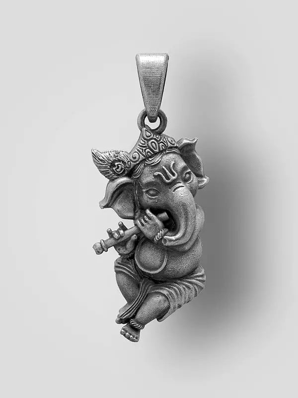 exotic india Fluting Ganesha Sterling Silver Pendant 