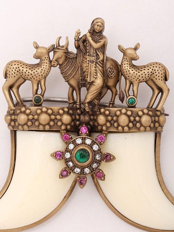 Exotic India Fluting Krishna Brooch With Tiger Nail 