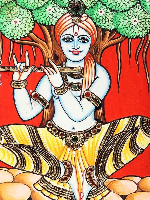 Exotic India Fluting Krishna Framed Tanjore Painting
