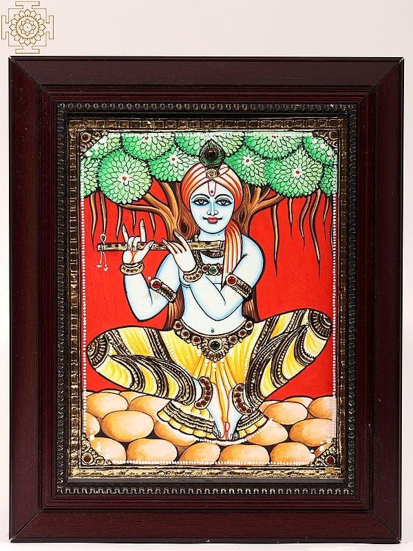 exotic india Fluting Krishna Framed Tanjore Painting