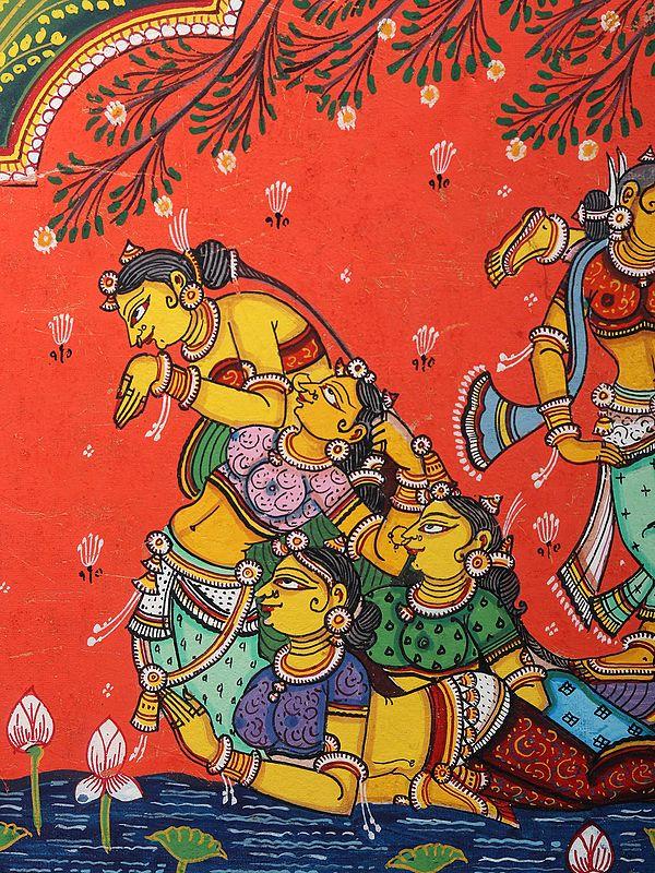 Exotic India Fluting Krishna On Kandarpa Nauka (Boat Made Of Gopis) | Pattachitra Painting From Odisha