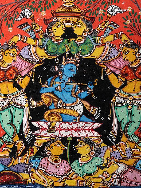 Exotic India Fluting Krishna On Kandarpa Nauka (Boat Made Of Gopis) | Pattachitra Painting From Odisha