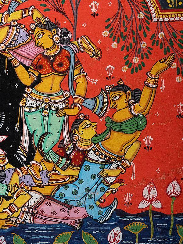Exotic India Fluting Krishna On Kandarpa Nauka (Boat Made Of Gopis) | Pattachitra Painting From Odisha