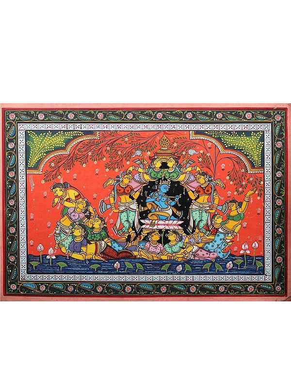 exotic india Fluting Krishna on Kandarpa Nauka (Boat Made of Gopis) | Pattachitra Painting from Odisha