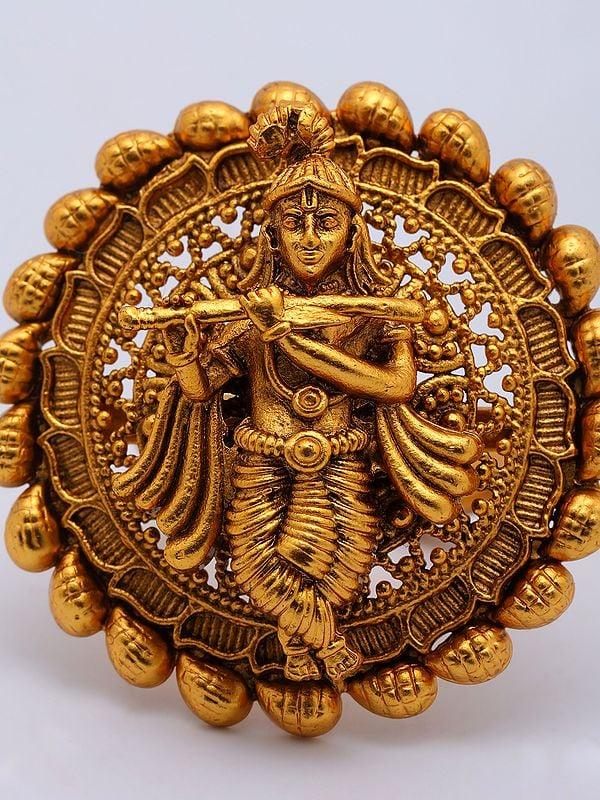 Exotic India Fluting Lord Krishna Round Shape Brass Adjustable Ring 