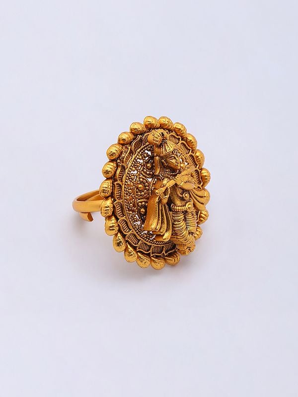 Exotic India Fluting Lord Krishna Round Shape Brass Adjustable Ring 