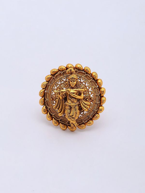 exotic india Fluting Lord Krishna Round Shape Brass Adjustable Ring 