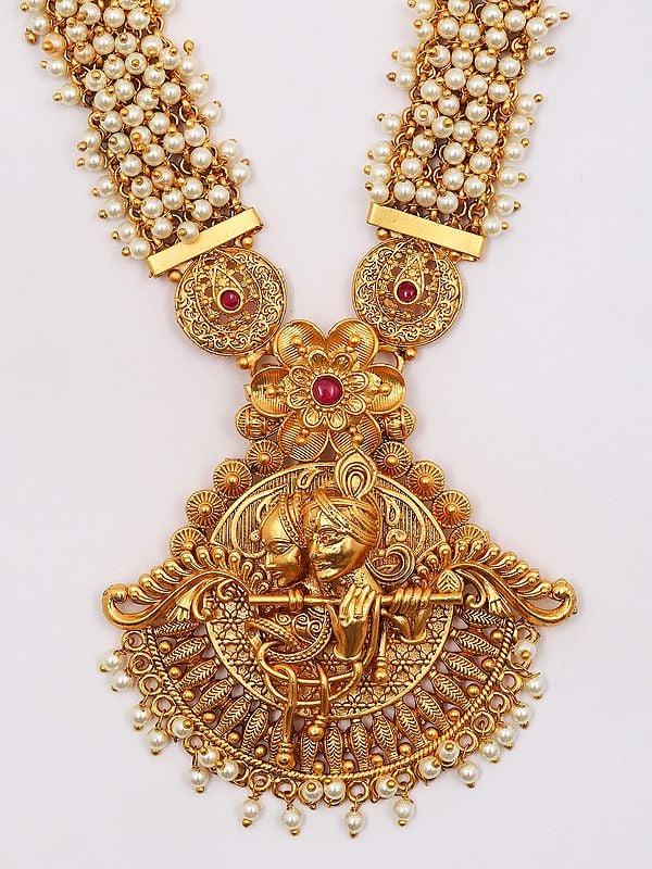 Exotic India Fluting Radha Krishna Long Necklace And Earring Set With Beads