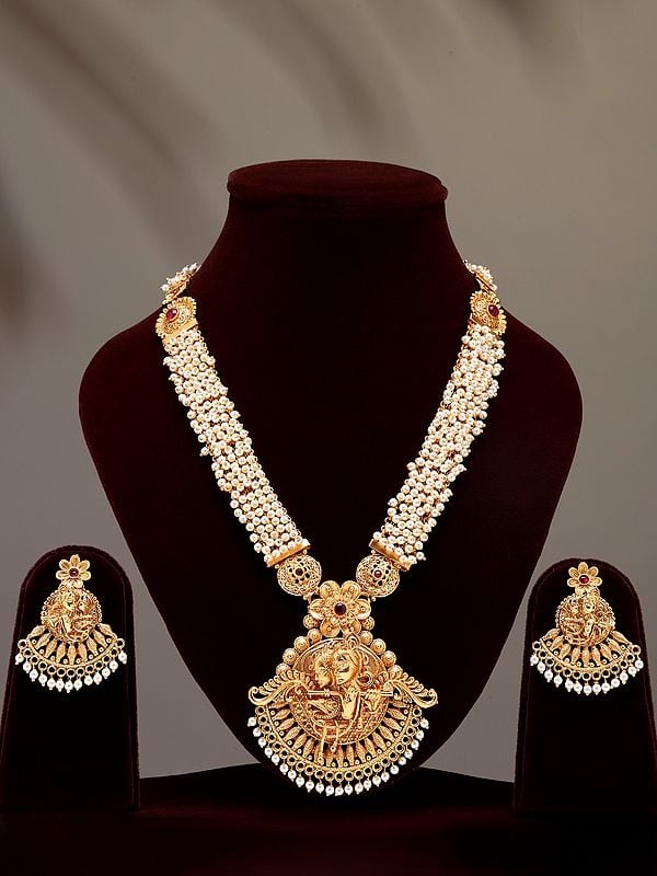 exotic india Fluting Radha Krishna Long Necklace and Earring Set with Beads 