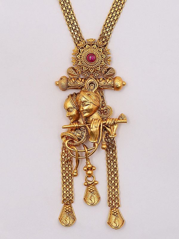 Exotic India Fluting Radha Krishna Long Necklace Set With Earrings 