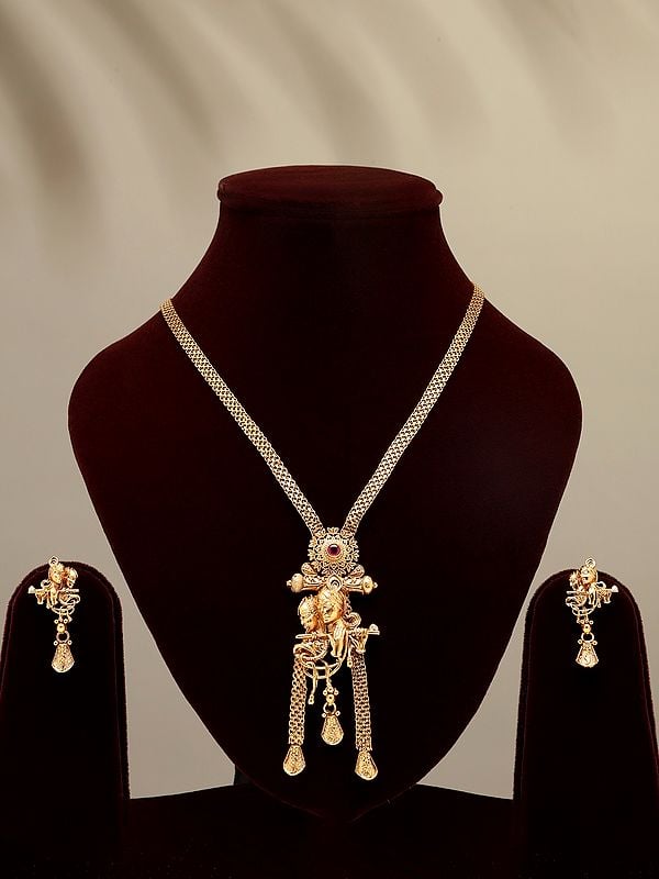 exotic india Fluting Radha Krishna Long Necklace Set with Earrings 