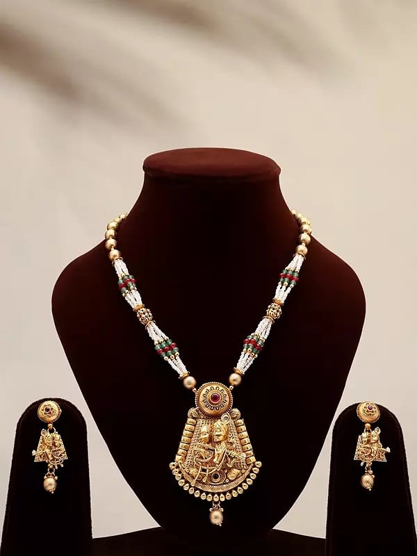 exotic india Fluting Radha Krishna Necklace and Earrings Set 