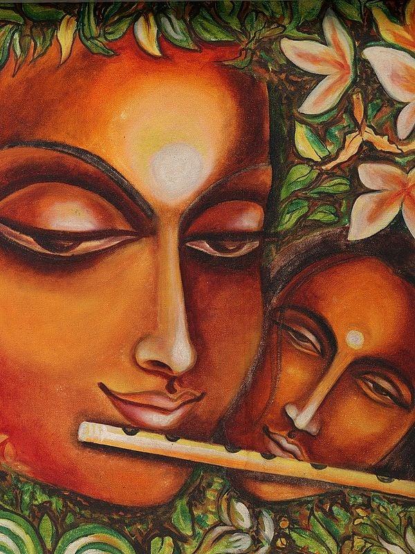 Exotic India Fluting Radha Krishna Oil Painting With Beautiful Frame 