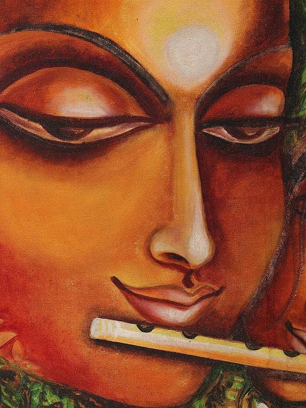 Exotic India Fluting Radha Krishna Oil Painting With Beautiful Frame 