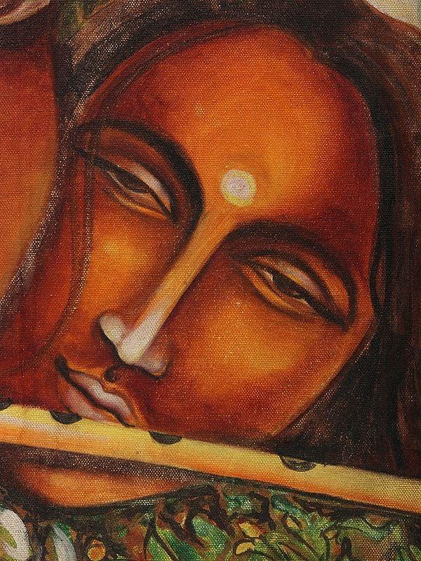 Exotic India Fluting Radha Krishna Oil Painting With Beautiful Frame 