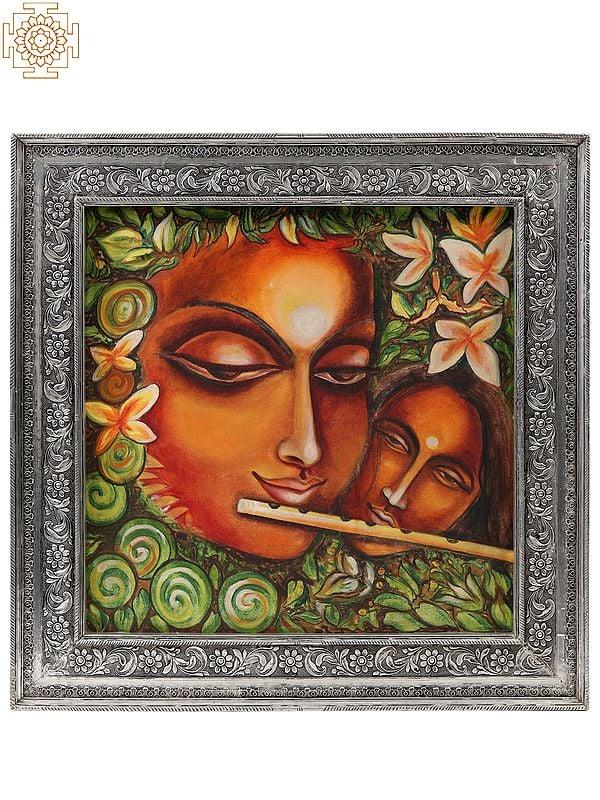 exotic india Fluting Radha Krishna Oil Painting With Beautiful Frame 