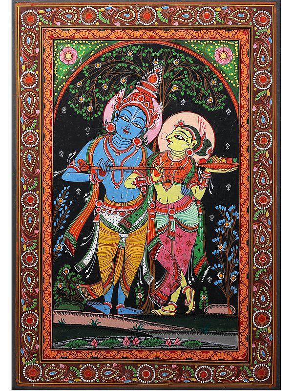 exotic india Fluting Radha Krishna | Pattachitra Painting from Odisha