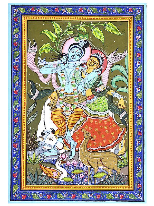 exotic india Fluting Radha Krishna | Pattachitra Painting 