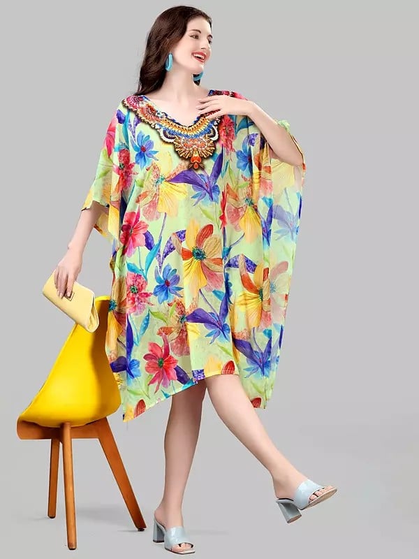 Exotic India Fog-Green Georgette Floral Printed Short Kaftan 