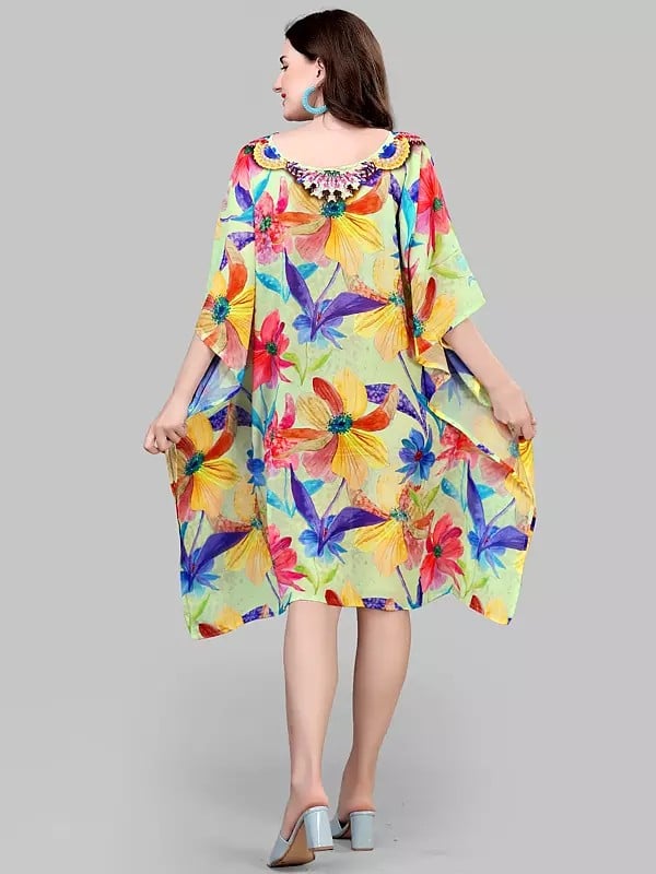 Exotic India Fog-Green Georgette Floral Printed Short Kaftan 