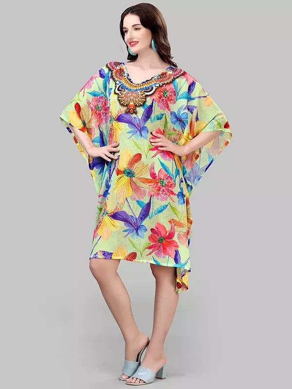 exotic india Fog-Green Georgette Floral Printed Short Kaftan 