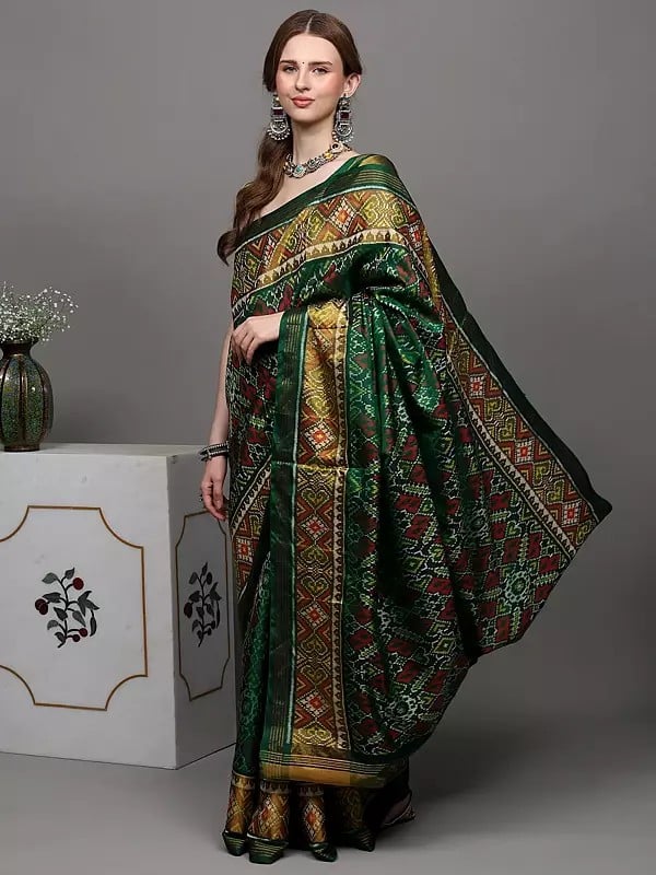 Exotic India Foliage-Green Pure Silk Paan Patola Handloom Saree From Patan With Ikat Weave 