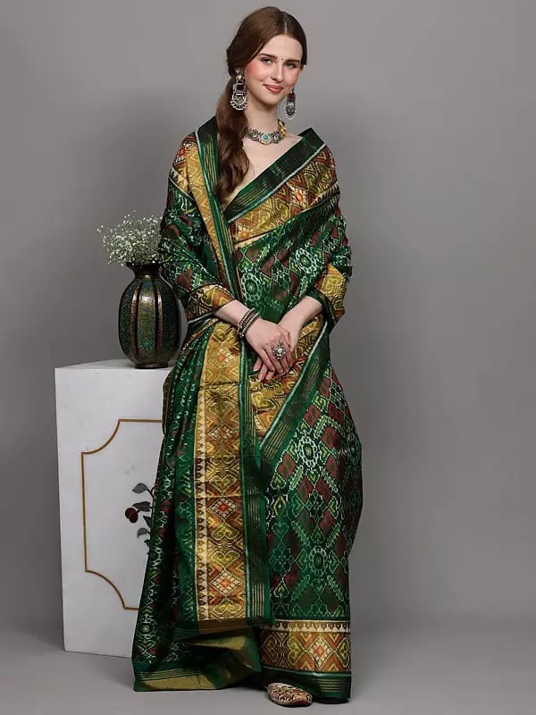 Exotic India Foliage-Green Pure Silk Paan Patola Handloom Saree From Patan With Ikat Weave 