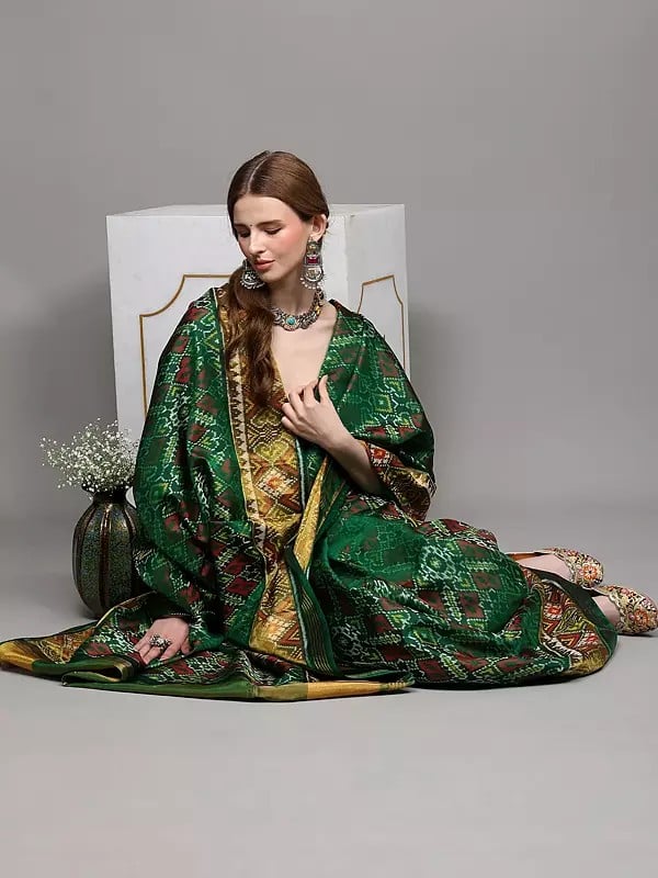 Exotic India Foliage-Green Pure Silk Paan Patola Handloom Saree From Patan With Ikat Weave 