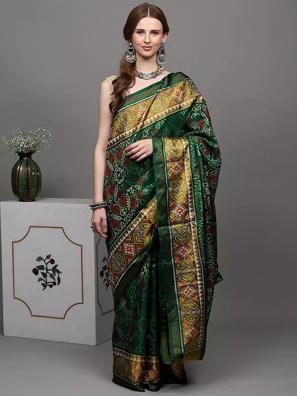 exotic india Foliage-Green Pure Silk Paan Patola Handloom Saree from Patan with Ikat Weave 