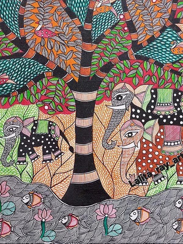 Exotic India Folk Art Wildlife And Nature Madhubani Painting | Acrylic On Canvas | By Lalita Ray 