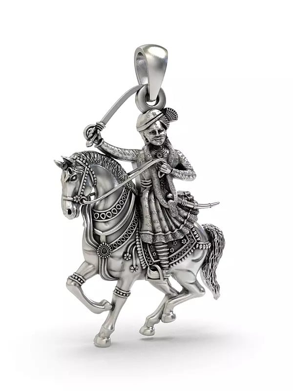 Exotic India Folk Deity Veer Tejaji Sterling Silver Pendant 