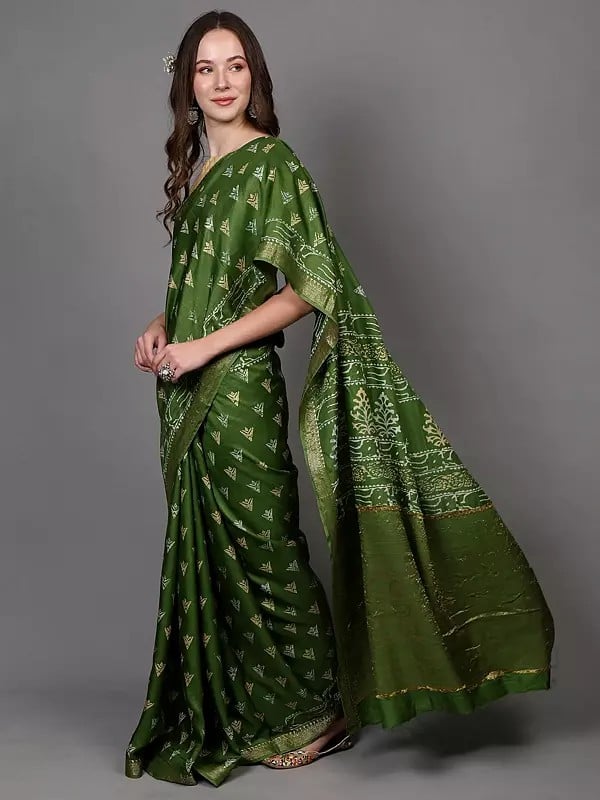 Exotic India Forest-Green Dabu Block-Printed Saree From Madhya Pradesh With Golden Thread Woven Phool Bail Border 