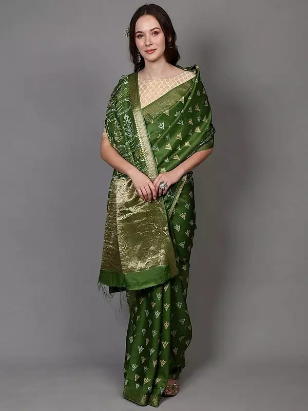 Exotic India Forest-Green Dabu Block-Printed Saree From Madhya Pradesh With Golden Thread Woven Phool Bail Border 